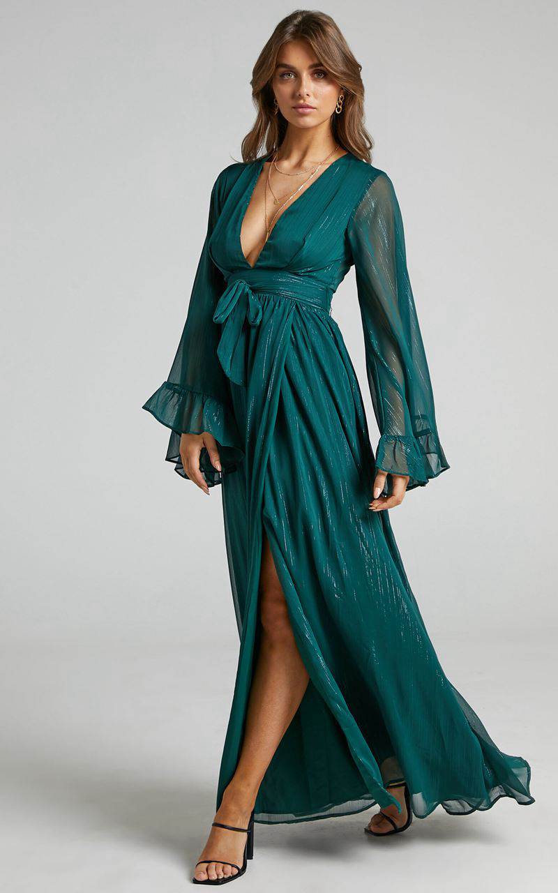 Showpo Dangerous Woman Maxi Dress - Plunge Thigh Split Dress Emerald | NDQUVP289