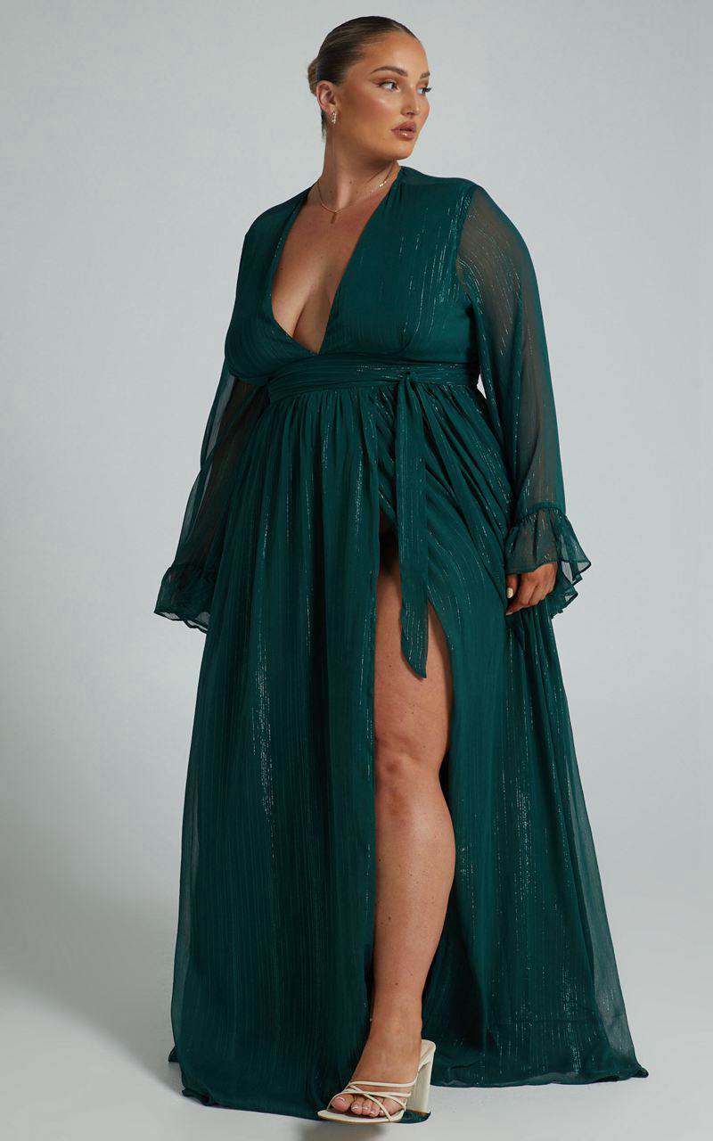 Showpo Dangerous Woman Maxi Dress - Plunge Thigh Split Dress Emerald | NDQUVP289