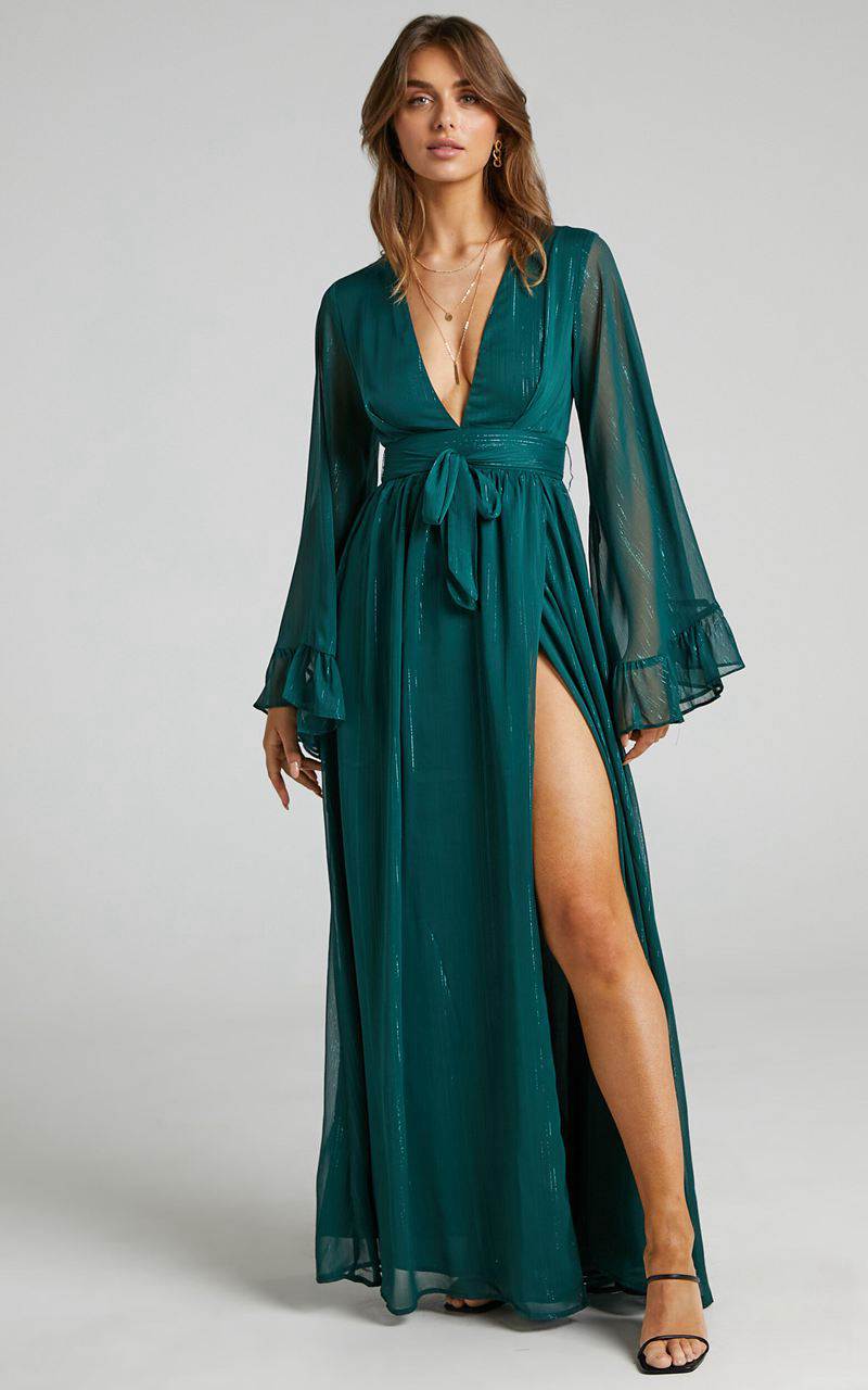 Showpo Dangerous Woman Maxi Dress - Plunge Thigh Split Dress Emerald | NDQUVP289