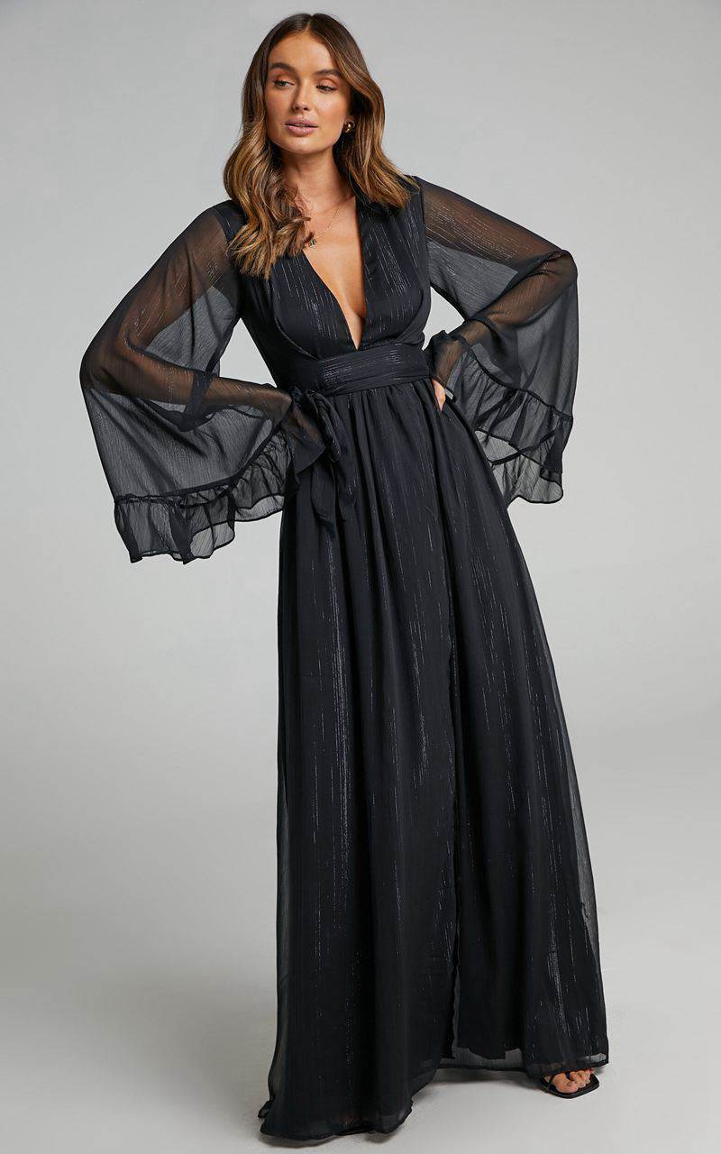 Showpo Dangerous Woman Maxi Dress - Plunge Thigh Split Dress Black | WTRBPZ352