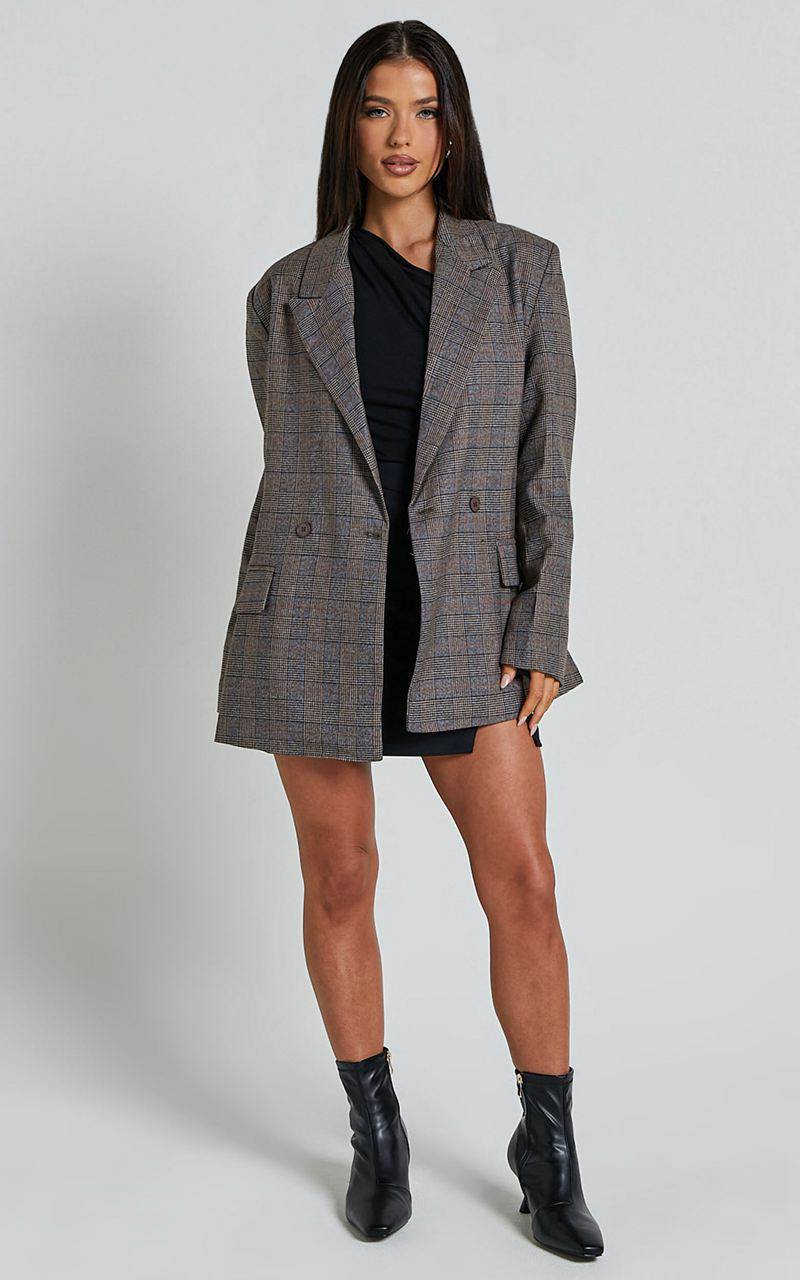 Showpo Danie Blazer - Oversized Double Breasted Blazer Brown Check | MAPZGD598