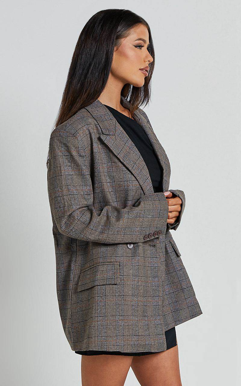 Showpo Danie Blazer - Oversized Double Breasted Blazer Brown Check | MAPZGD598