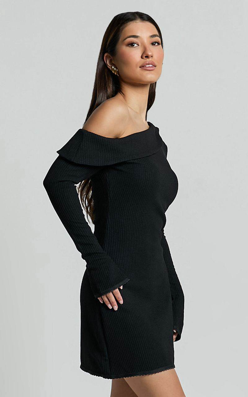 Showpo Danielle Mini Dress - Off Shoulder Long Sleeve Fitted Dress Black | LNYXFH942