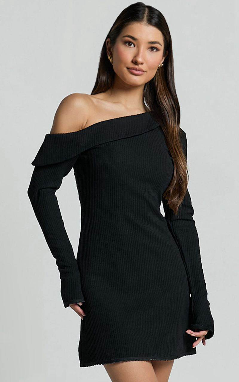 Showpo Danielle Mini Dress - Off Shoulder Long Sleeve Fitted Dress Black | LNYXFH942