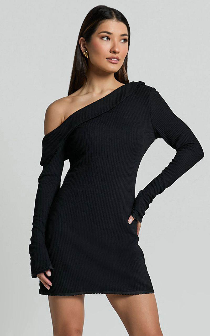 Showpo Danielle Mini Dress - Off Shoulder Long Sleeve Fitted Dress Black | LNYXFH942