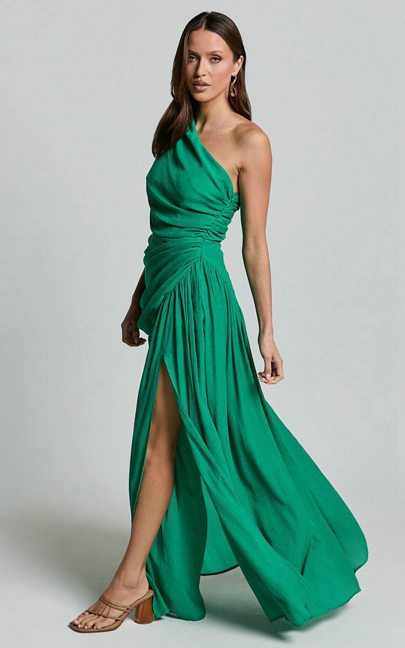 Showpo Darcy Maxi Dress - One Shoulder Side Cut Out Gathered Dress Green | AXDYVN096