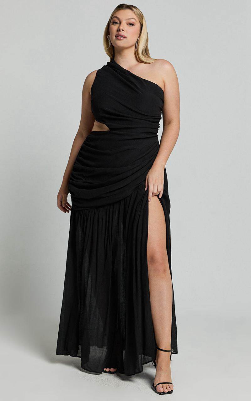 Showpo Darcy Maxi Dress - One Shoulder Side Cut Out Gathered Dress Black | XLVSMP349