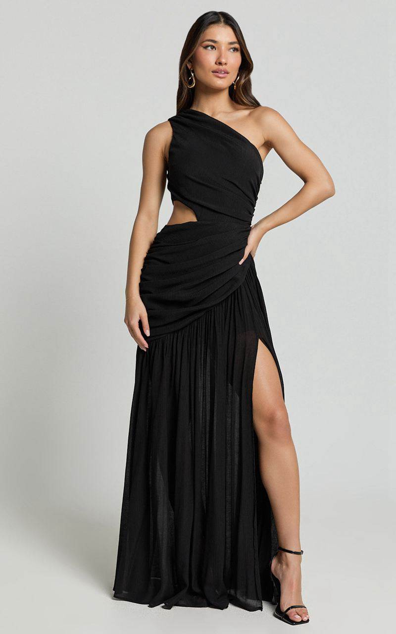 Showpo Darcy Maxi Dress - One Shoulder Side Cut Out Gathered Dress Black | XLVSMP349