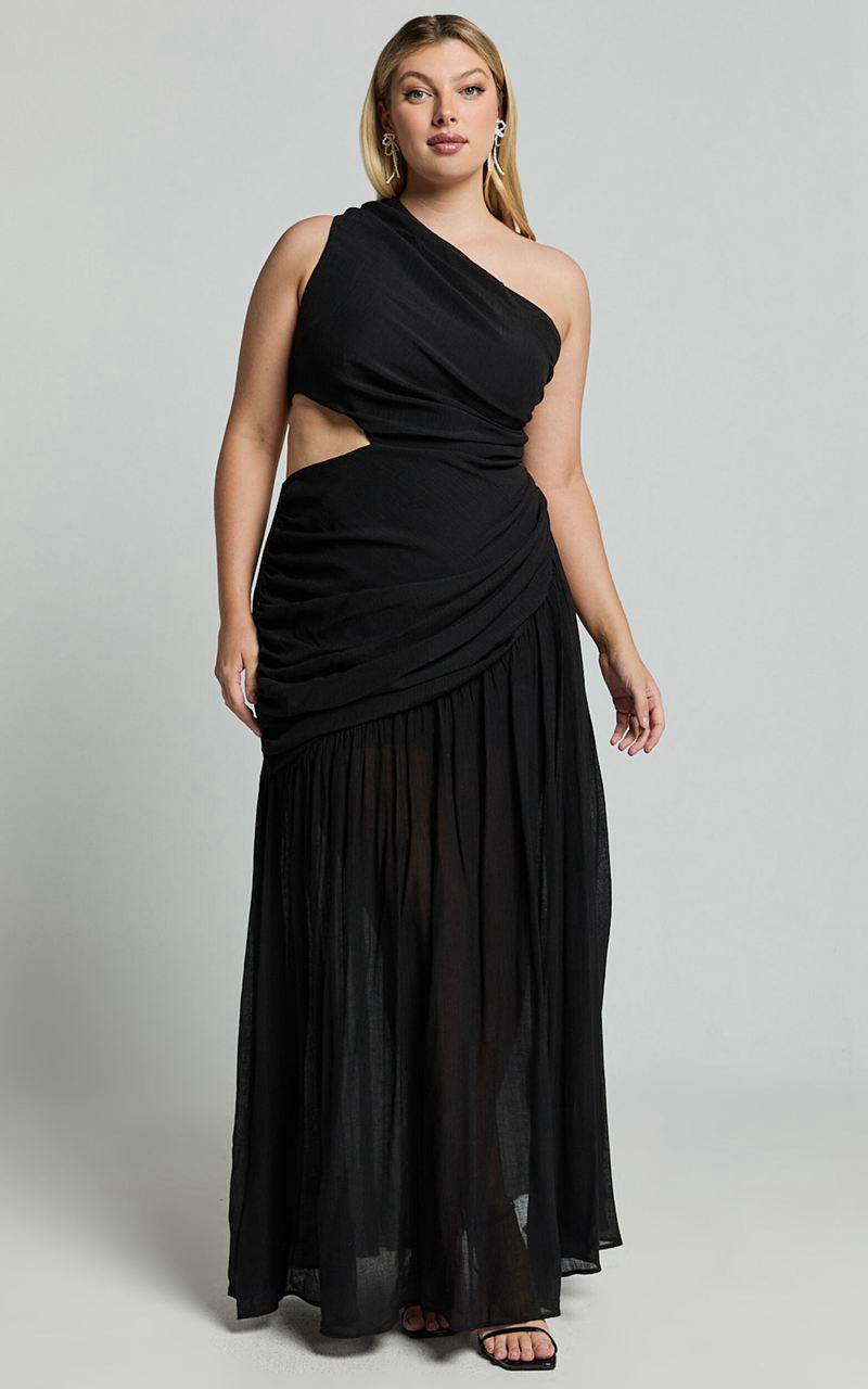 Showpo Darcy Maxi Dress - One Shoulder Side Cut Out Gathered Dress Black | XLVSMP349