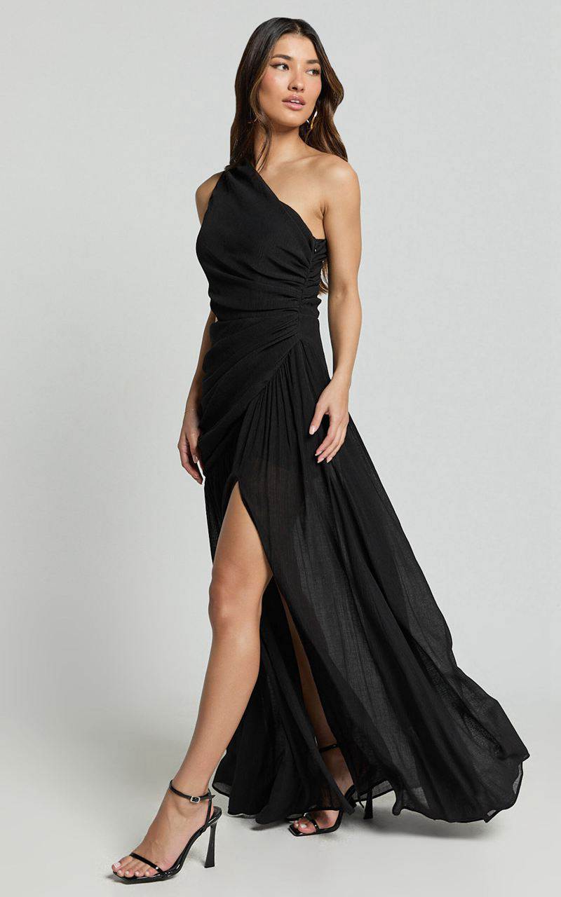 Showpo Darcy Maxi Dress - One Shoulder Side Cut Out Gathered Dress Black | XLVSMP349