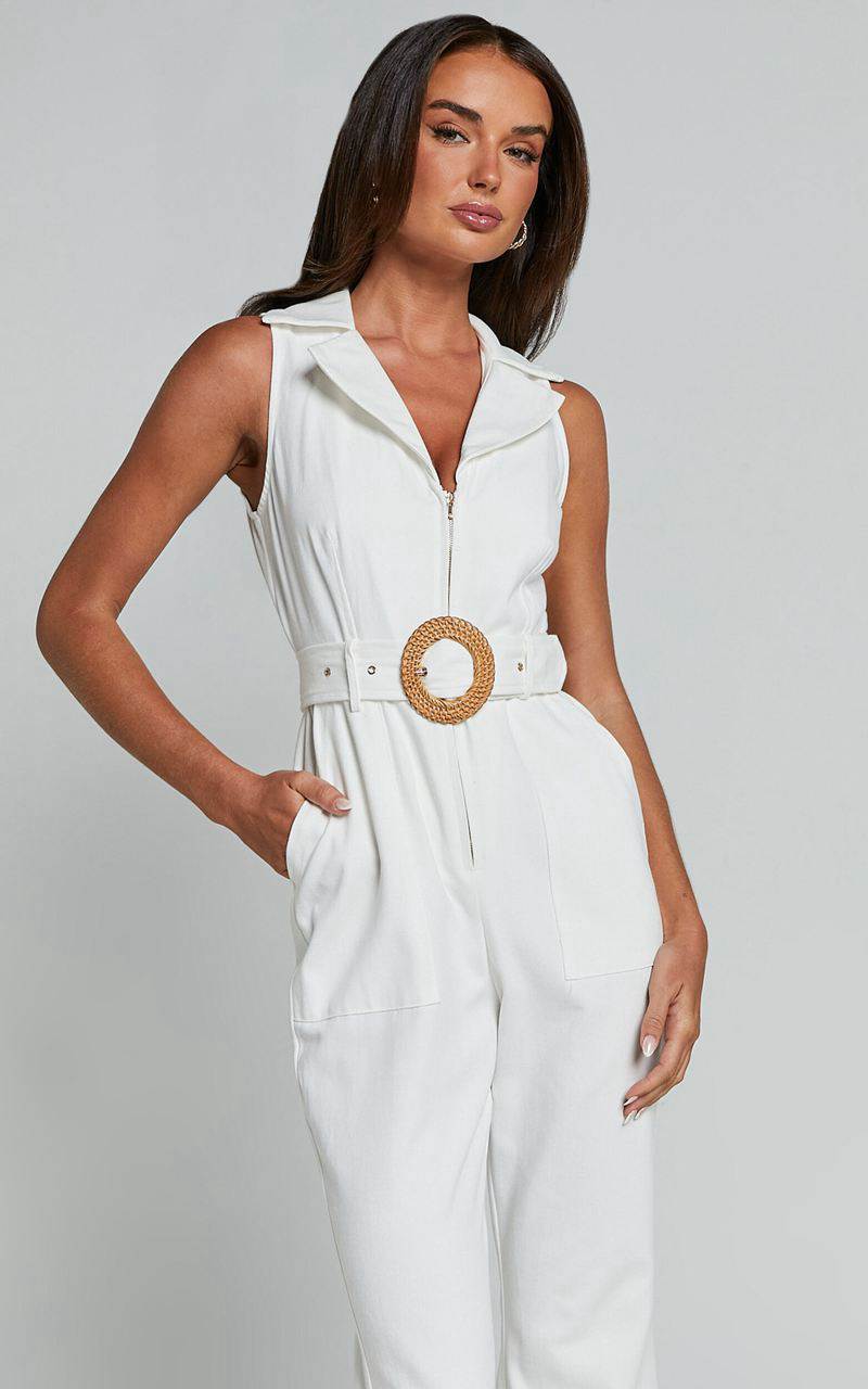 Showpo Darian Jumpsuit - Collared Zip Front Belted Jumpsuit Off White | XQBNPG340