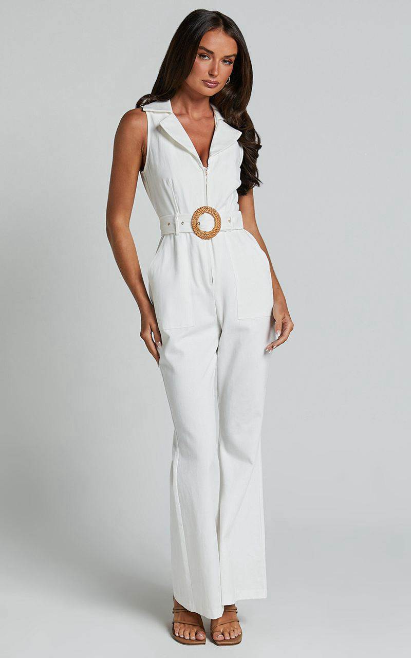 Showpo Darian Jumpsuit - Collared Zip Front Belted Jumpsuit Off White | XQBNPG340