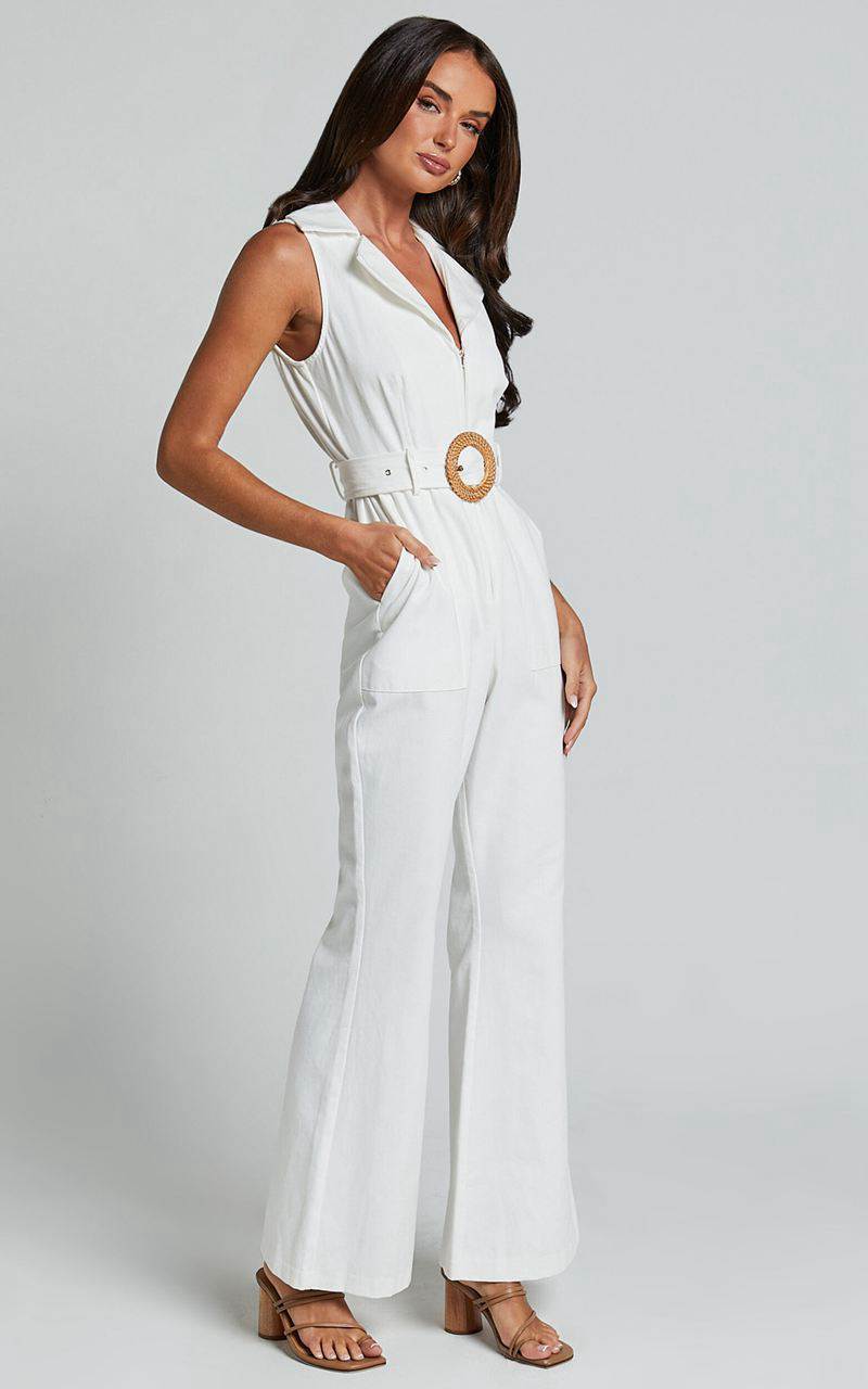 Showpo Darian Jumpsuit - Collared Zip Front Belted Jumpsuit Off White | XQBNPG340