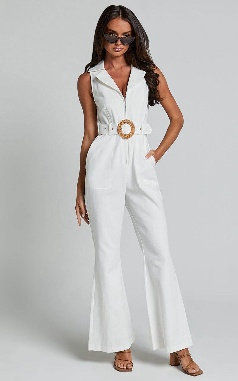 Showpo Darian Jumpsuit - Collared Zip Front Belted Jumpsuit Off White | XQBNPG340