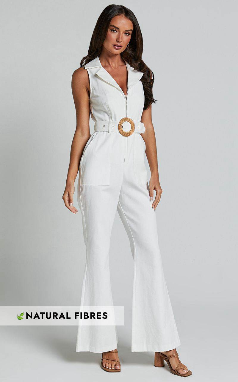 Showpo Darian Jumpsuit - Collared Zip Front Belted Jumpsuit Off White | XQBNPG340