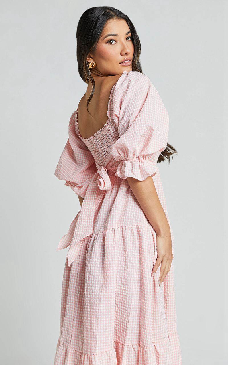 Showpo Darlene Midi Dress - Square Neck Long Sleeve Tiered Dress Rose Gingham Check | EBIHWY301