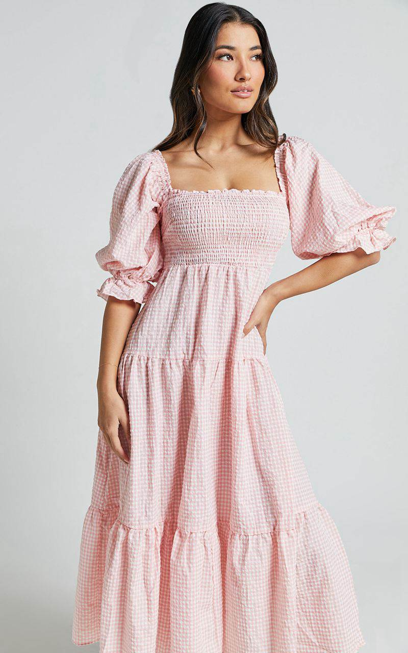 Showpo Darlene Midi Dress - Square Neck Long Sleeve Tiered Dress Rose Gingham Check | EBIHWY301