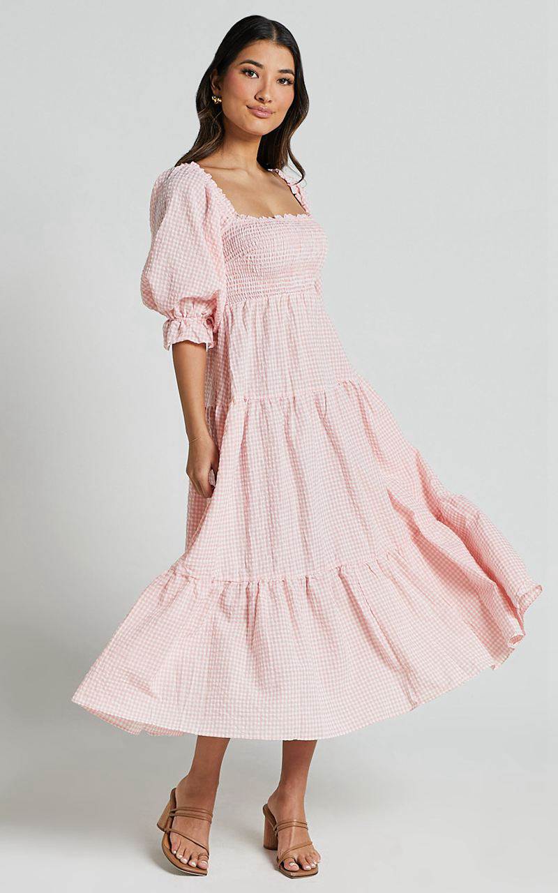 Showpo Darlene Midi Dress - Square Neck Long Sleeve Tiered Dress Rose Gingham Check | EBIHWY301