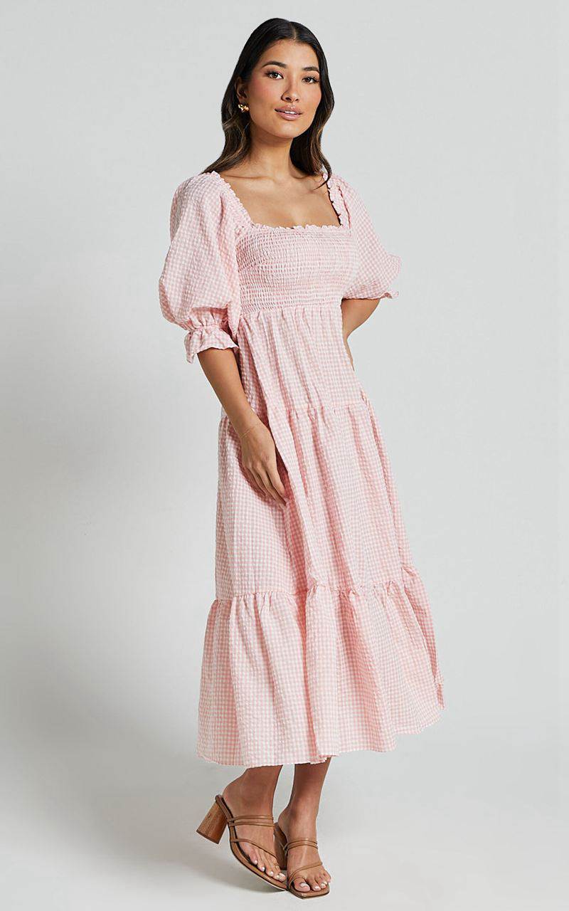 Showpo Darlene Midi Dress - Square Neck Long Sleeve Tiered Dress Rose Gingham Check | EBIHWY301