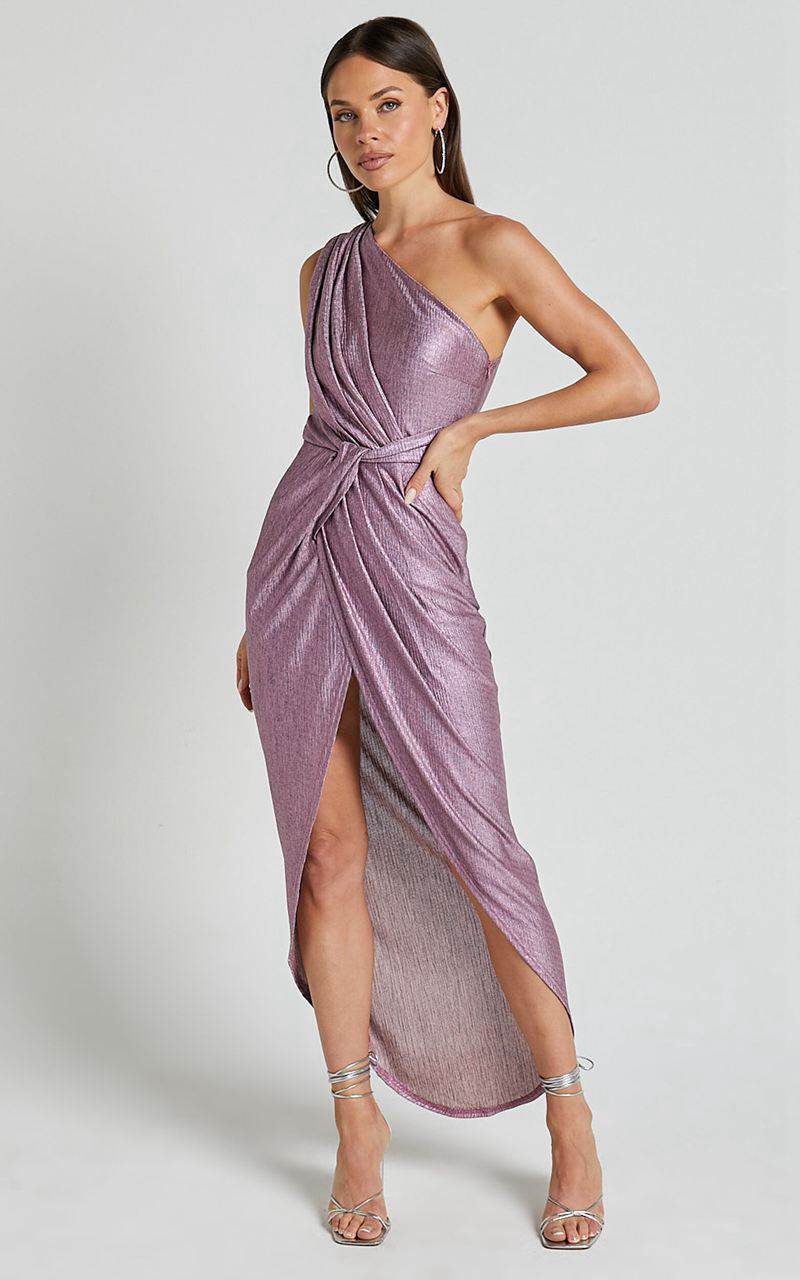 Showpo Davie Midi Dress - Metallic One Shoulder Front Wrap Dress Soft Pink | SBVCTG560