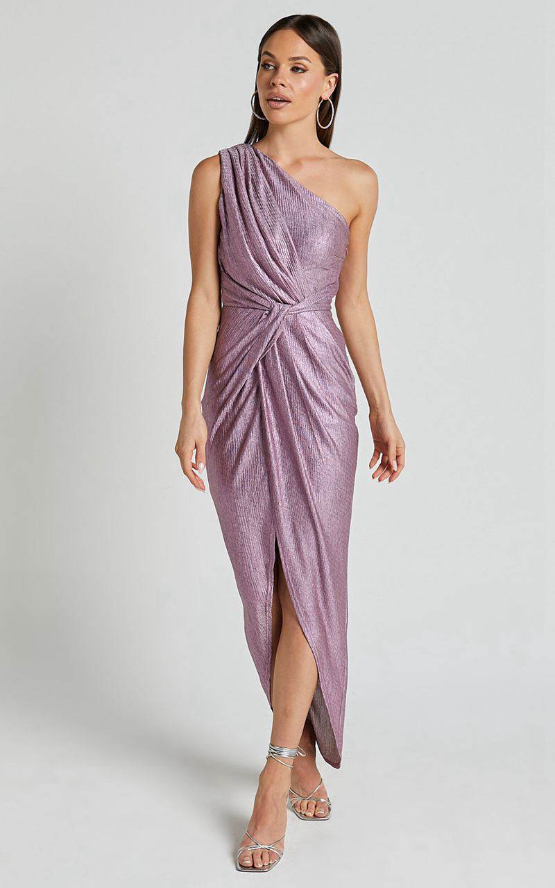 Showpo Davie Midi Dress - Metallic One Shoulder Front Wrap Dress Soft Pink | SBVCTG560