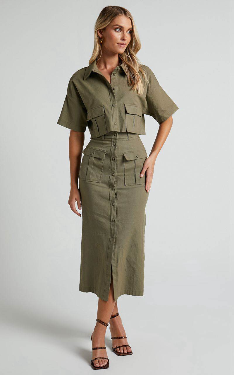 Showpo Davina Two Piece Set - Button Front Top And Midi Skirt Set Khaki | NTBZAI305