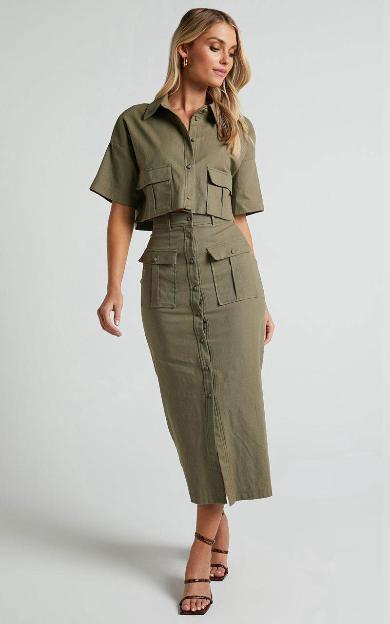 Showpo Davina Two Piece Set - Button Front Top And Midi Skirt Set Khaki | NTBZAI305