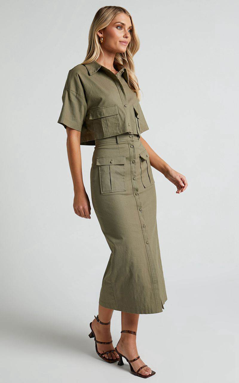 Showpo Davina Two Piece Set - Button Front Top And Midi Skirt Set Khaki | NTBZAI305