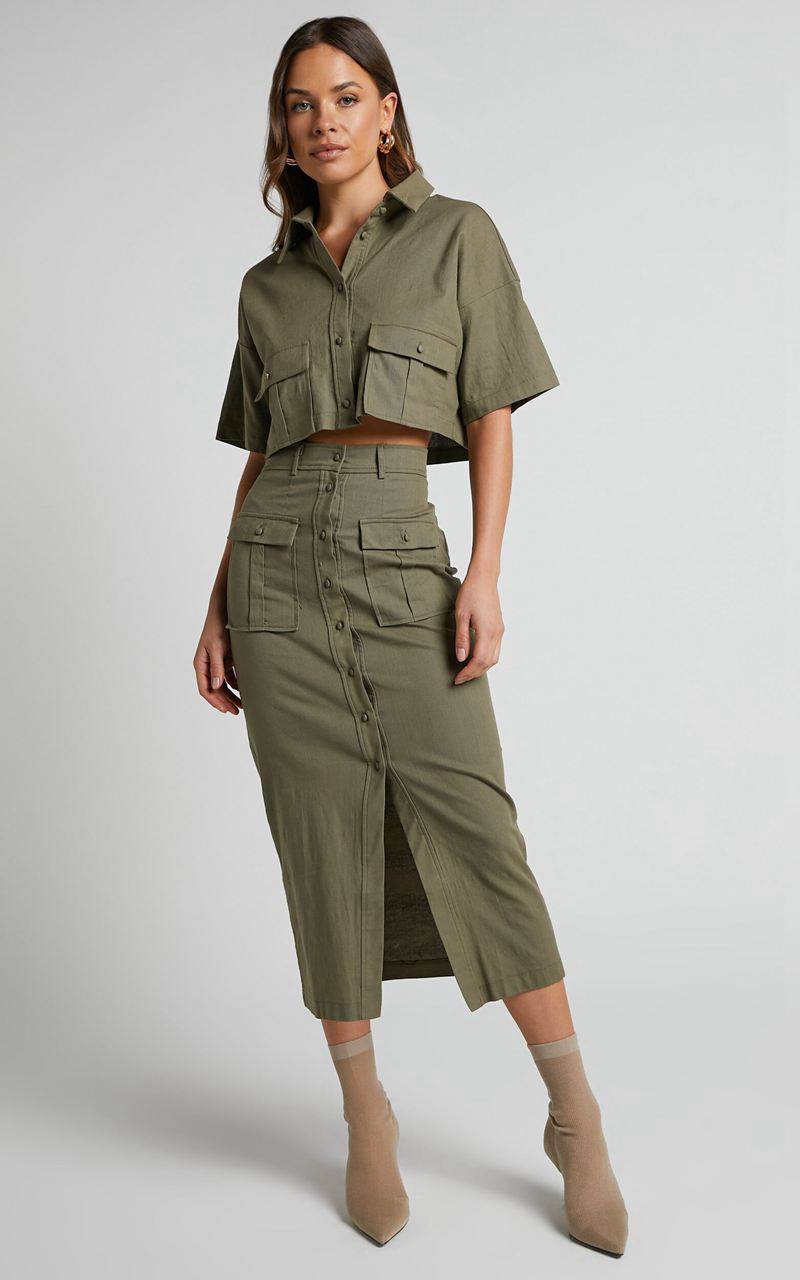 Showpo Davina Two Piece Set - Button Front Top And Midi Skirt Set Khaki | NTBZAI305