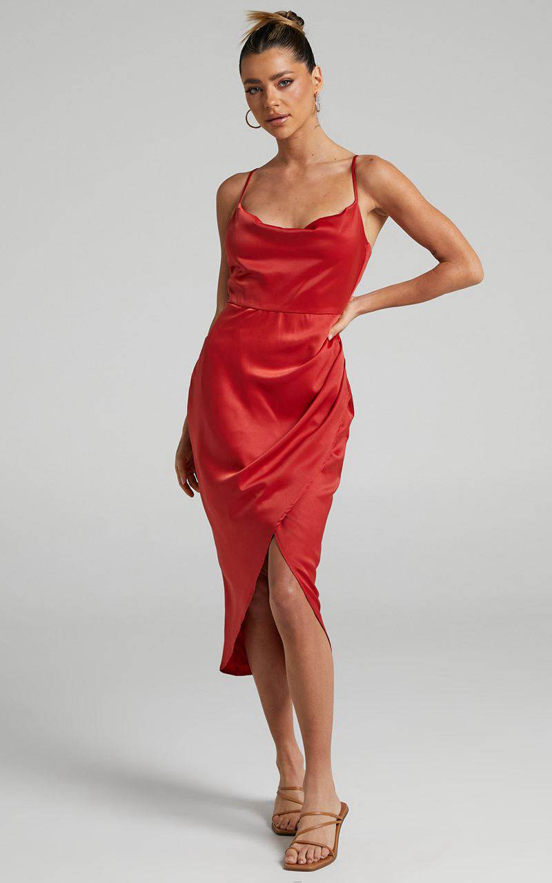 Showpo Dazzling Lights Midi Dress - Cowl Neck Draped Dress Red | TPHOEM463