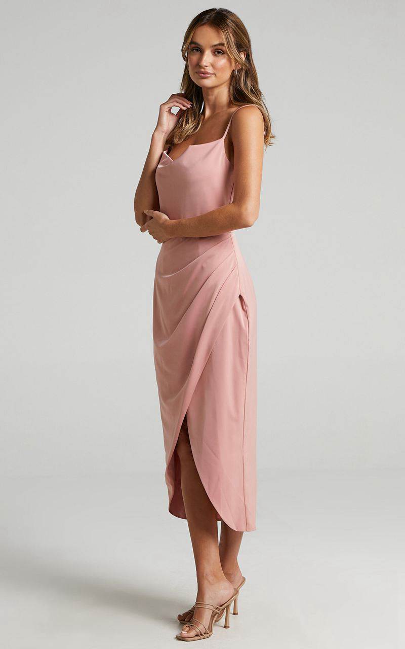 Showpo Dazzling Lights Midi Dress - Cowl Neck Draped Dress Peach Satin | LNDAHV157