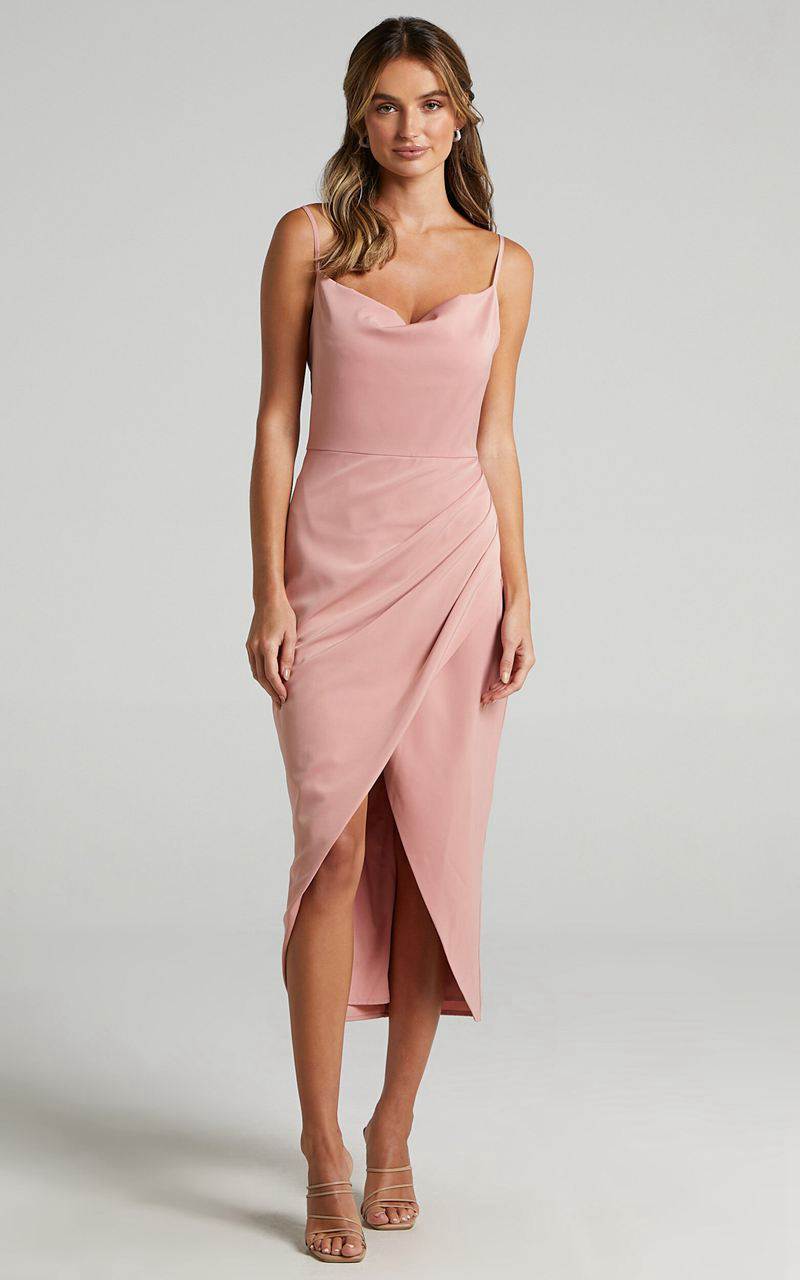 Showpo Dazzling Lights Midi Dress - Cowl Neck Draped Dress Peach Satin | LNDAHV157