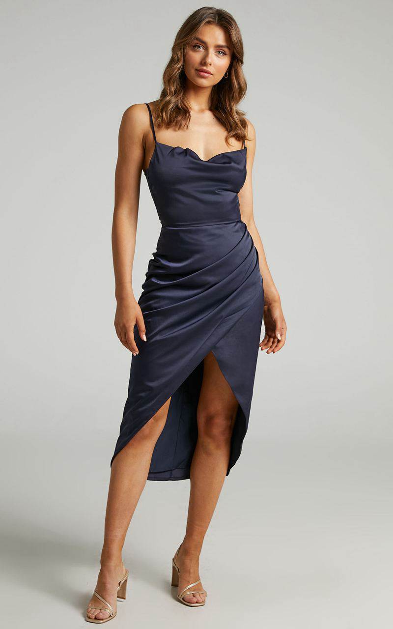 Showpo Dazzling Lights Midi Dress - Cowl Neck Draped Dress Navy Satin | MJGCSU059