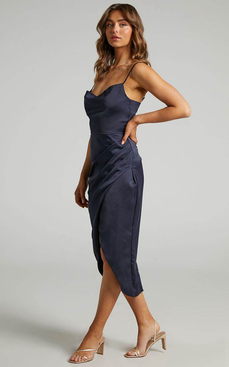 Showpo Dazzling Lights Midi Dress - Cowl Neck Draped Dress Navy Satin | MJGCSU059