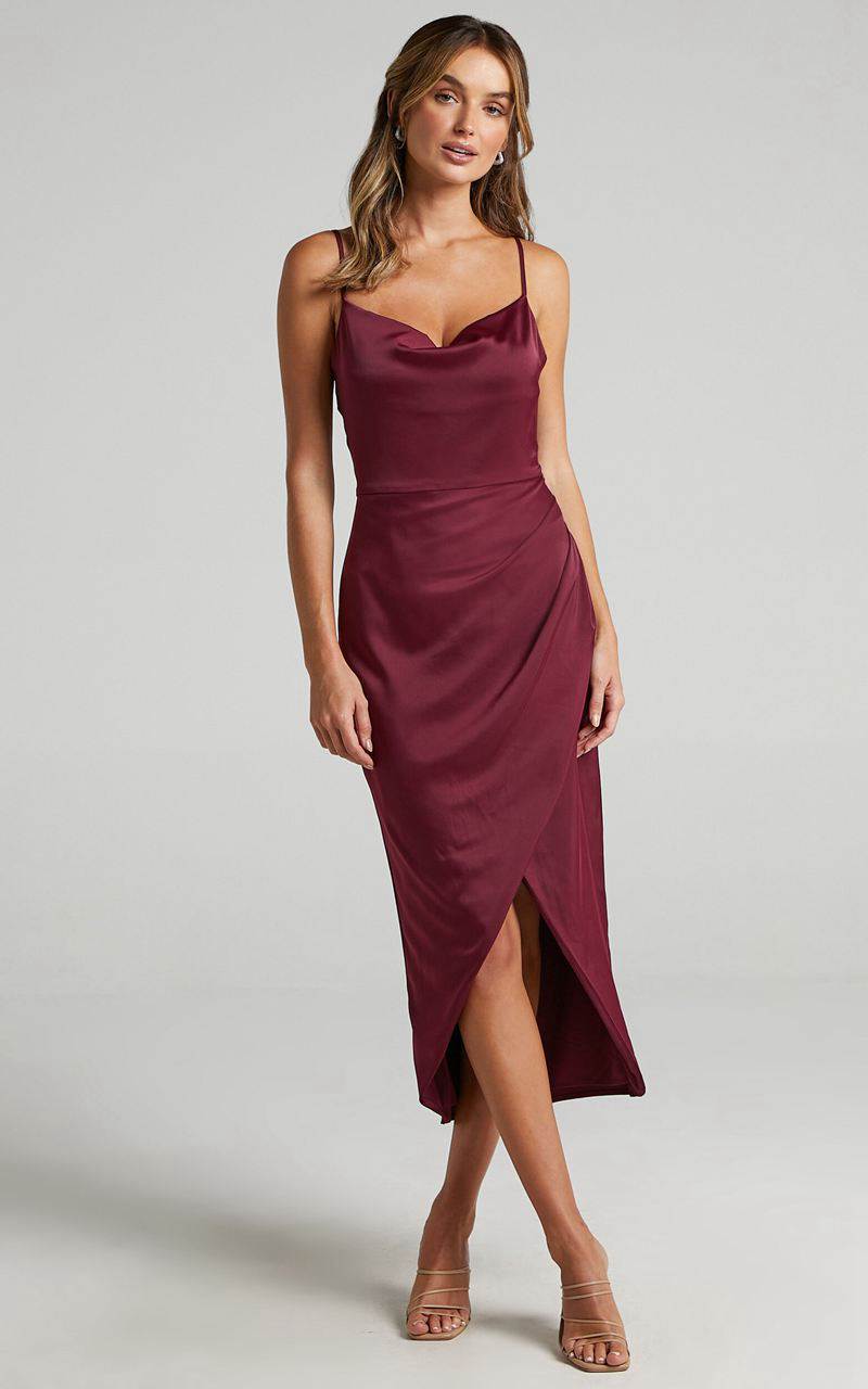 Showpo Dazzling Lights Midi Dress - Cowl Neck Draped Dress Mulberry Satin | WFBKZG825