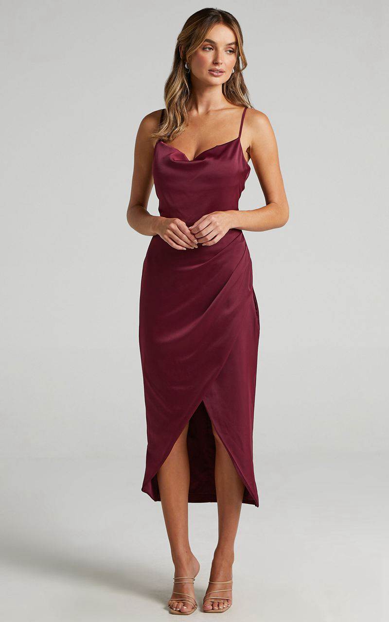 Showpo Dazzling Lights Midi Dress - Cowl Neck Draped Dress Mulberry Satin | WFBKZG825