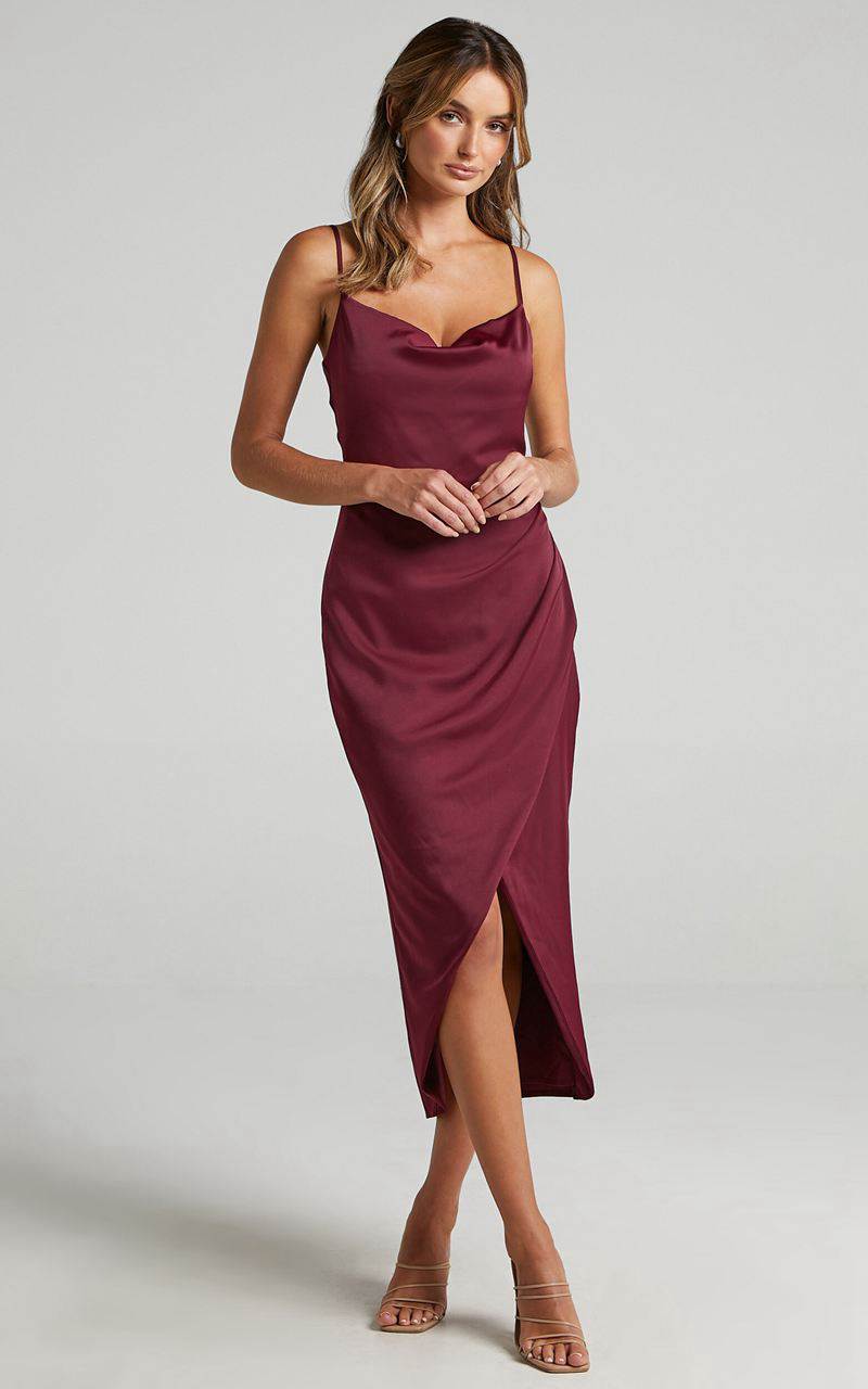 Showpo Dazzling Lights Midi Dress - Cowl Neck Draped Dress Mulberry Satin | WFBKZG825