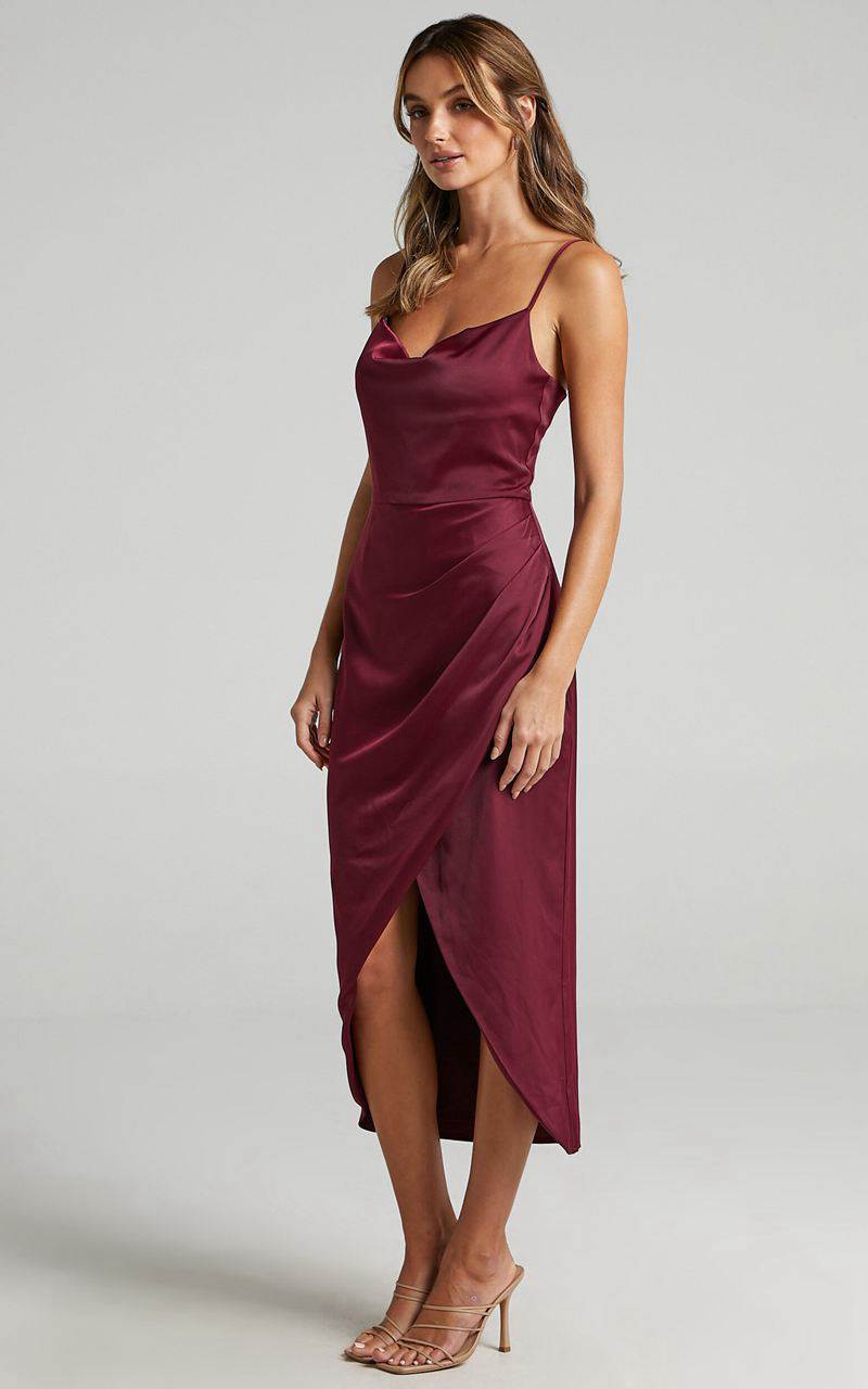 Showpo Dazzling Lights Midi Dress - Cowl Neck Draped Dress Mulberry Satin | WFBKZG825