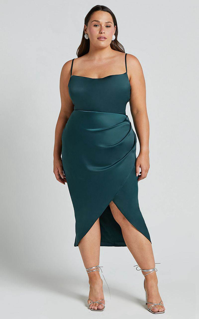 Showpo Dazzling Lights Midi Dress - Cowl Neck Draped Dress Emerald Satin | ERWTAU596