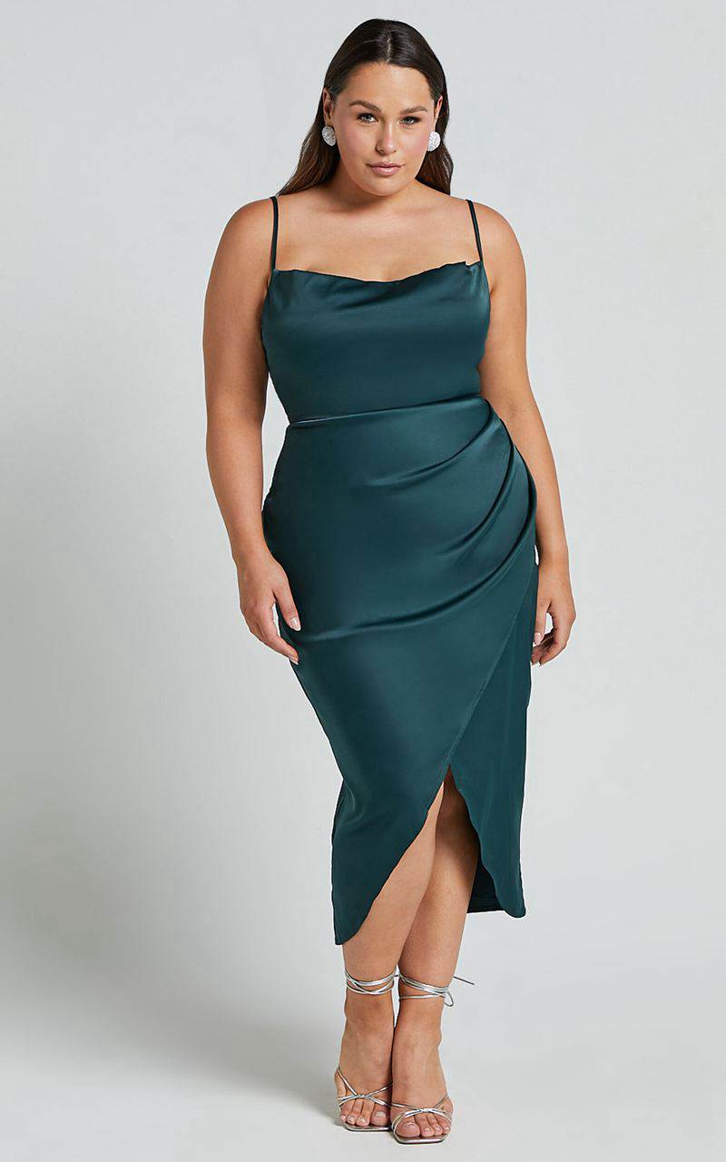 Showpo Dazzling Lights Midi Dress - Cowl Neck Draped Dress Emerald Satin | ERWTAU596