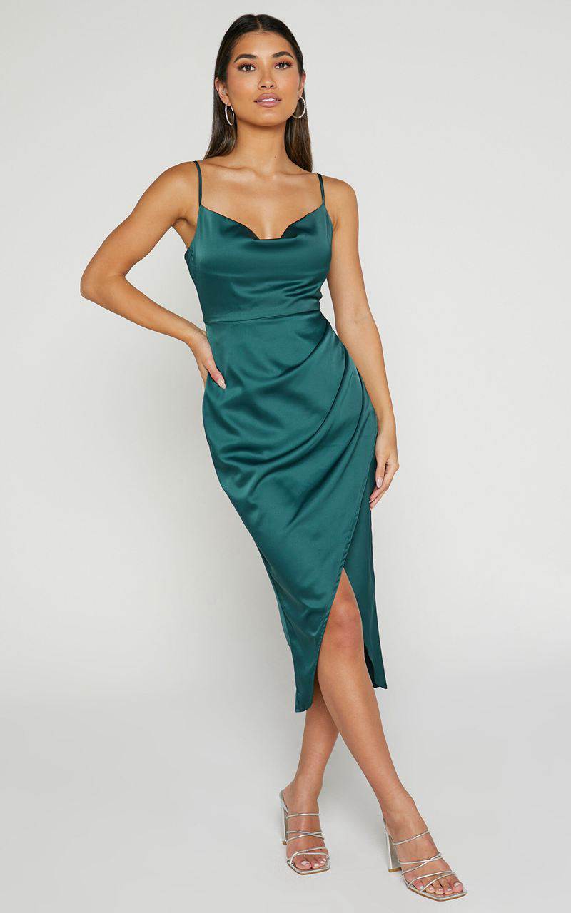 Showpo Dazzling Lights Midi Dress - Cowl Neck Draped Dress Emerald Satin | ERWTAU596