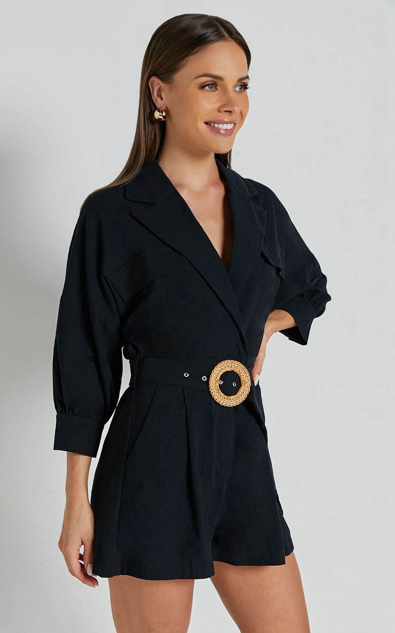 Showpo Deacon Playsuit - Collared 3/4 Sleeve Belted Playsuit Black | YDIERK210