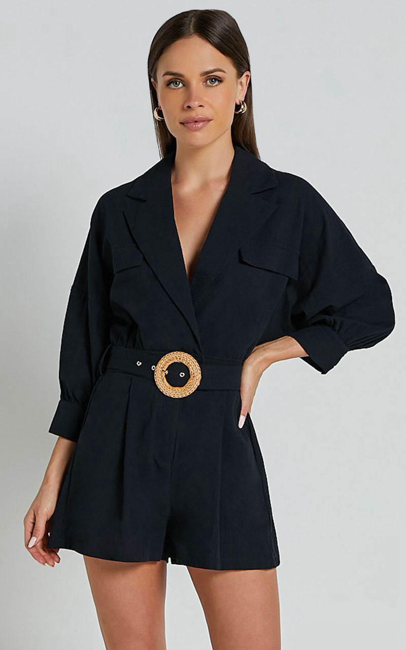 Showpo Deacon Playsuit - Collared 3/4 Sleeve Belted Playsuit Black | YDIERK210