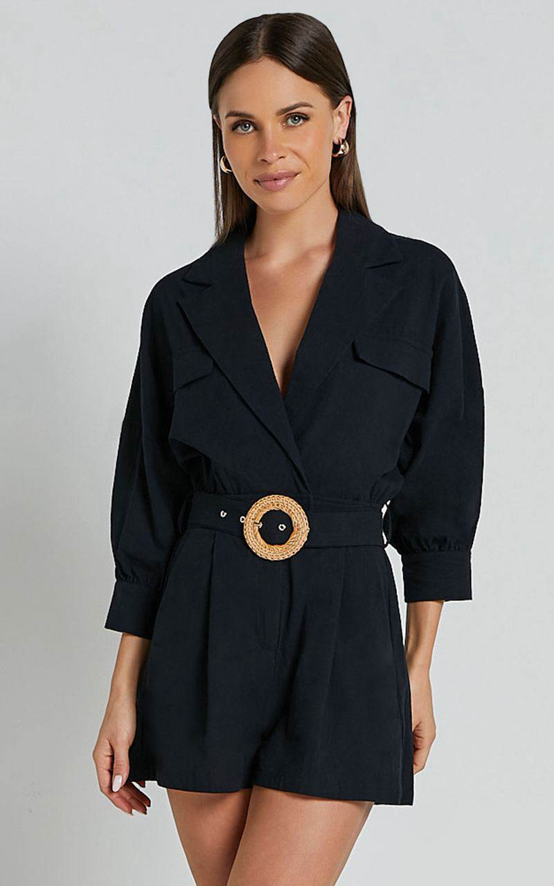 Showpo Deacon Playsuit - Collared 3/4 Sleeve Belted Playsuit Black | YDIERK210