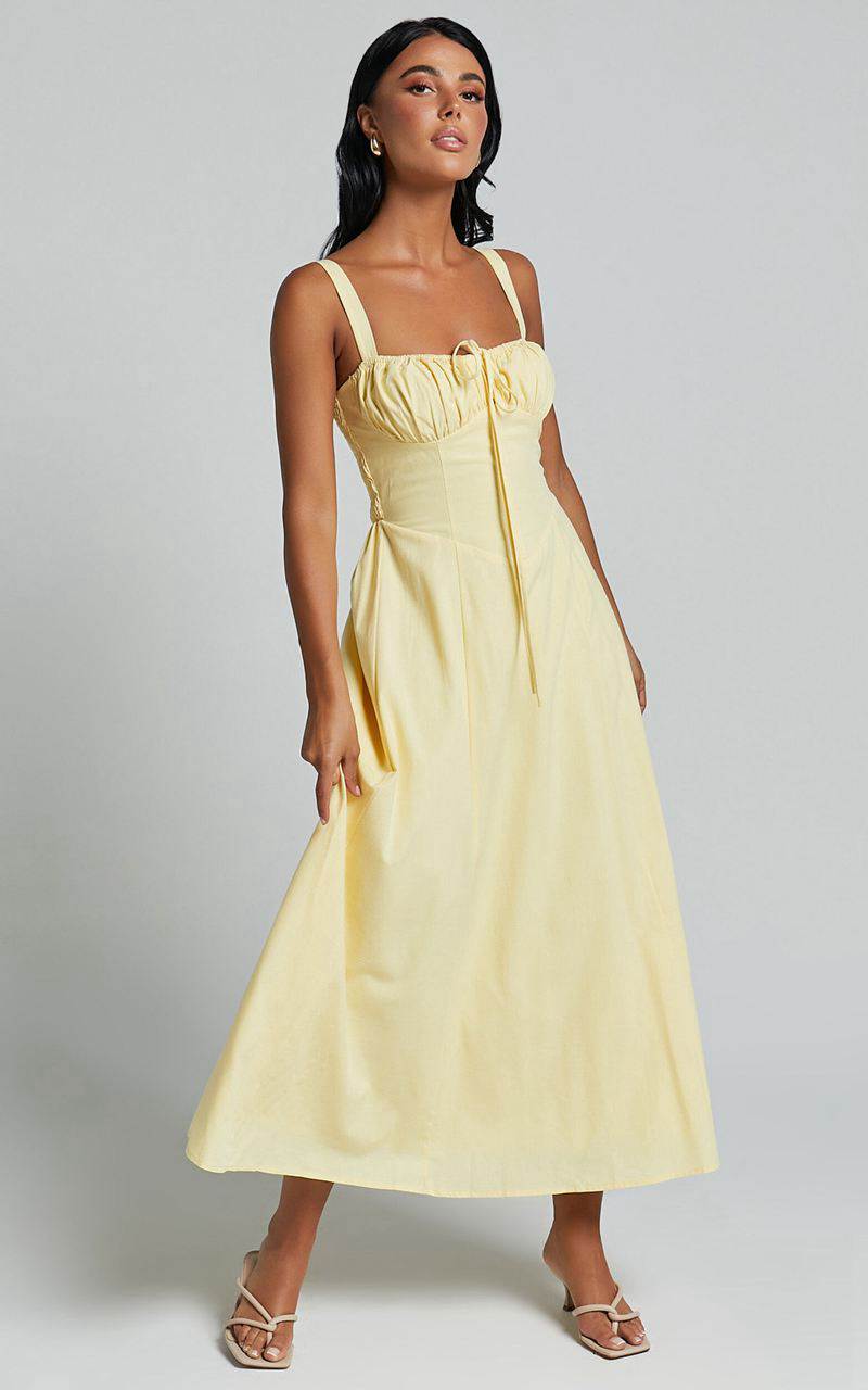 Showpo Debby Midi Dress - Bust Tie Front Sleeveless A Line Dress Lemon | CLBKWH985