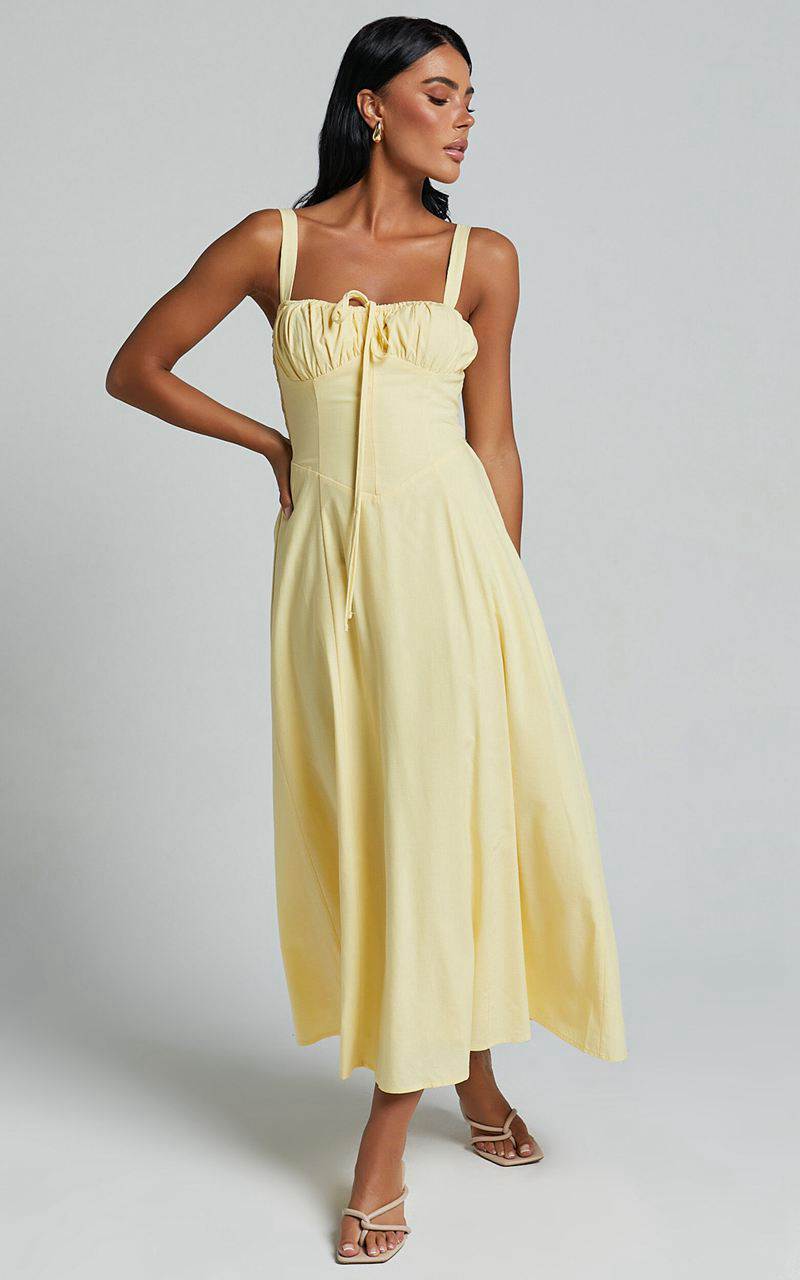 Showpo Debby Midi Dress - Bust Tie Front Sleeveless A Line Dress Lemon | CLBKWH985