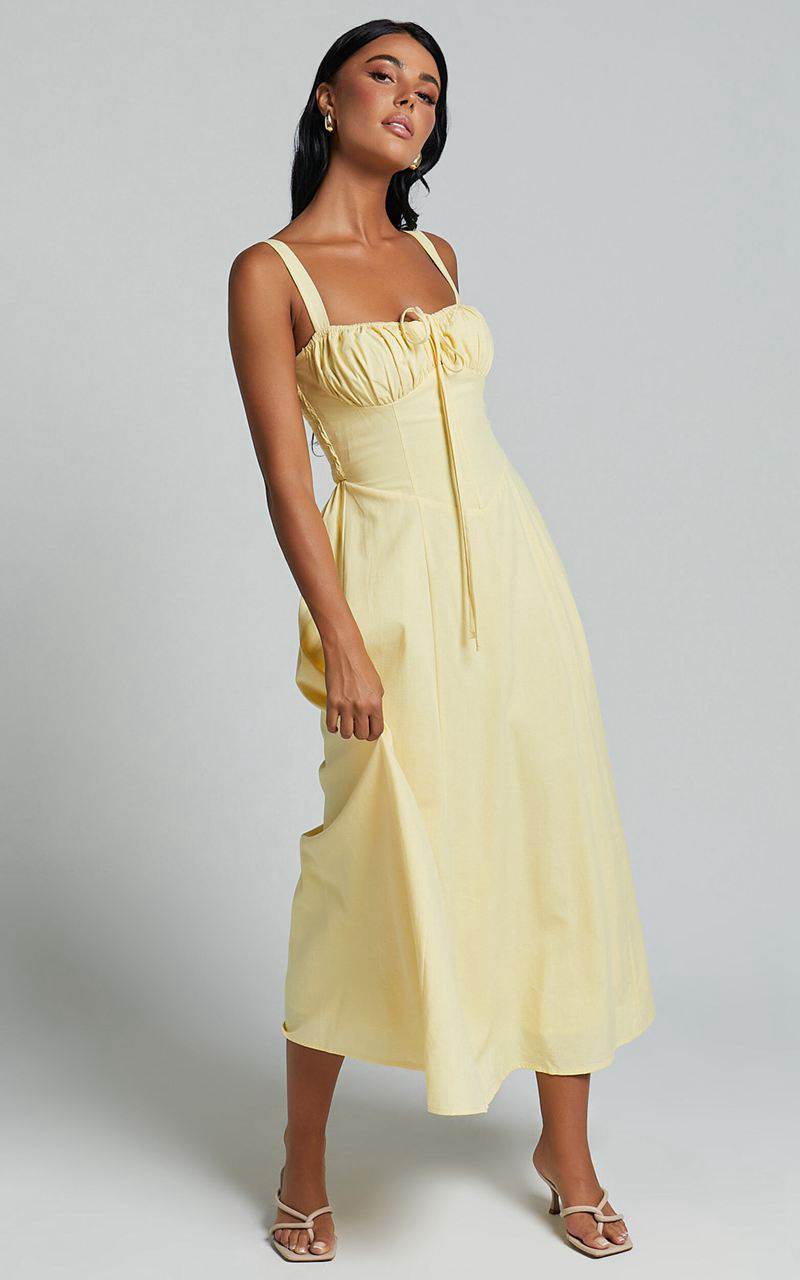 Showpo Debby Midi Dress - Bust Tie Front Sleeveless A Line Dress Lemon | CLBKWH985