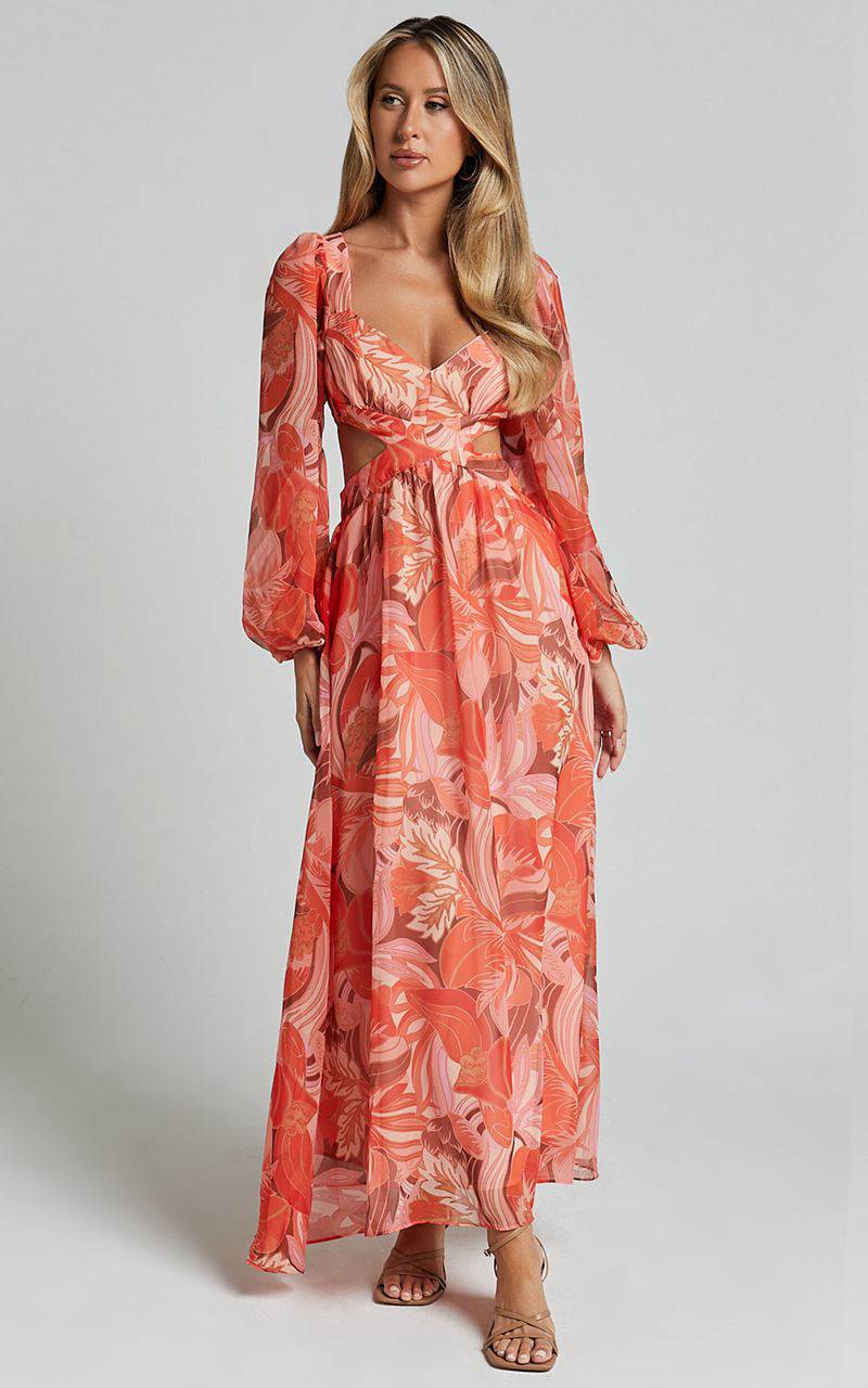 Showpo Deborah Midi Dress - Ballon Sleeve V Neck Side Cut Out Dress Orange Floral | WSEXAB452