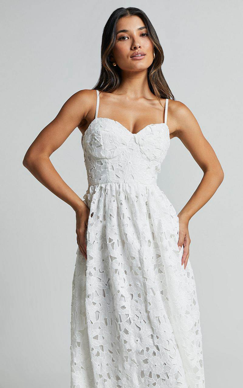 Showpo Deborah Midi Dress - Strappy Sweetheart Neck Corset Lace Dress White | TFZNGR862