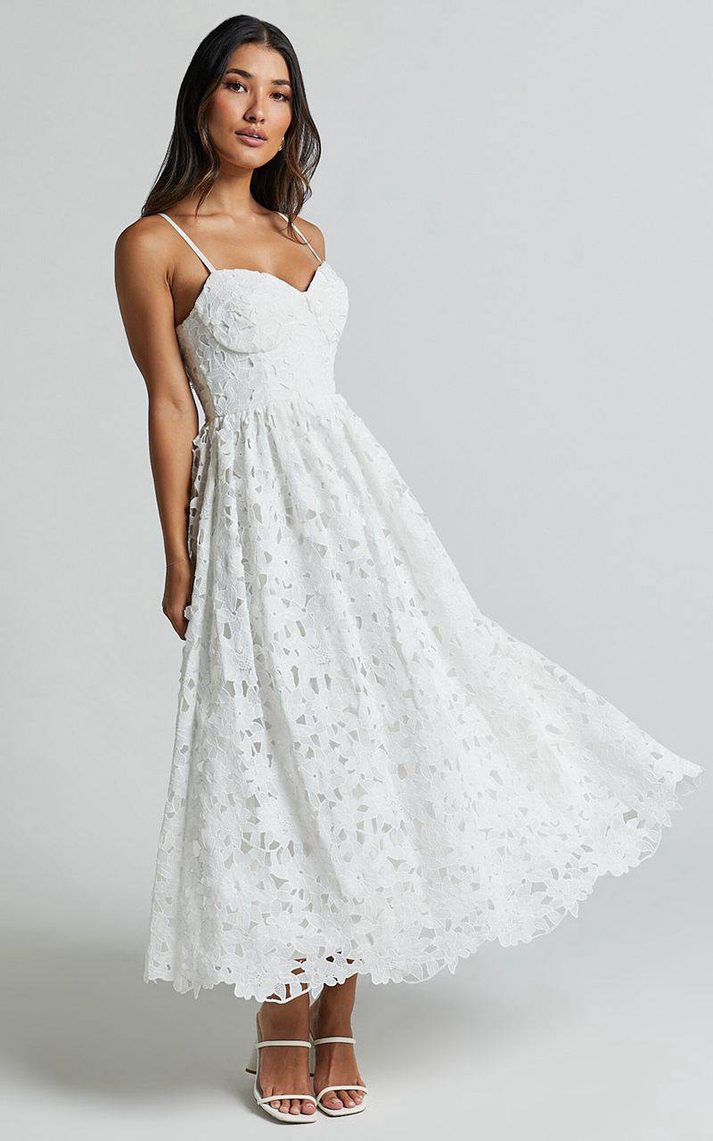 Showpo Deborah Midi Dress - Strappy Sweetheart Neck Corset Lace Dress White | TFZNGR862